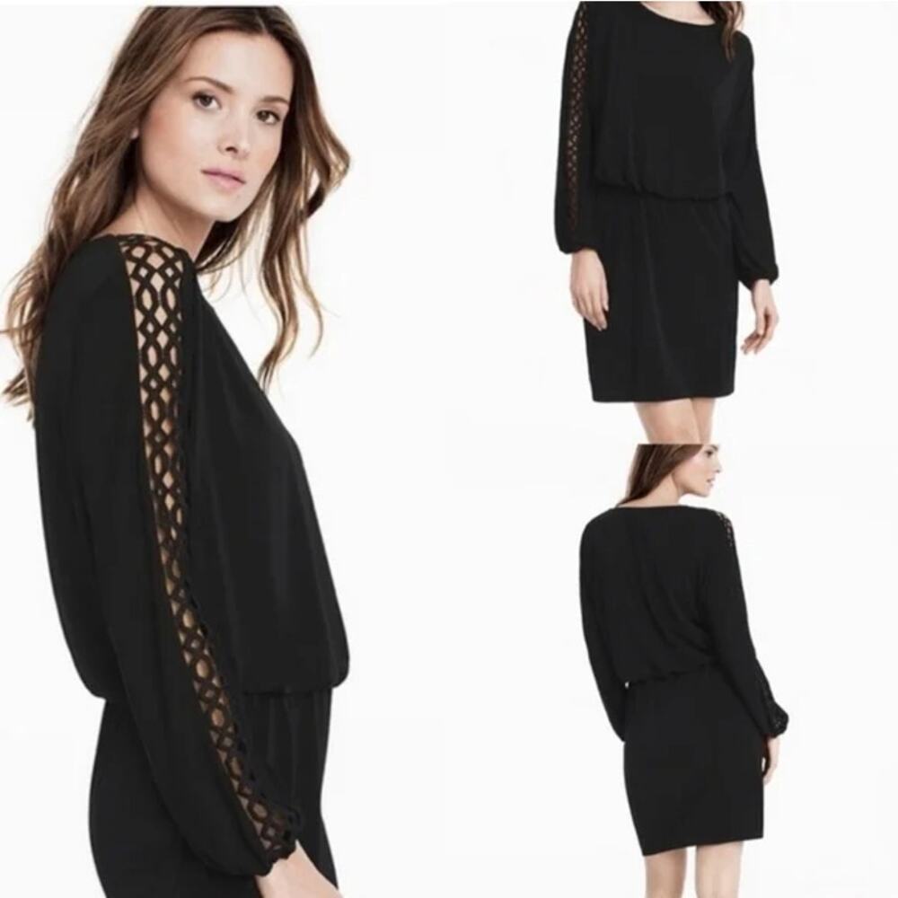 White House Black Market Black Mini Dress with Lattice Sleeve Detail